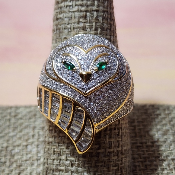 JTV Owl CZ, Chrome Diopside,  18k Gold over Sterling Ring - Picture 2 of 6